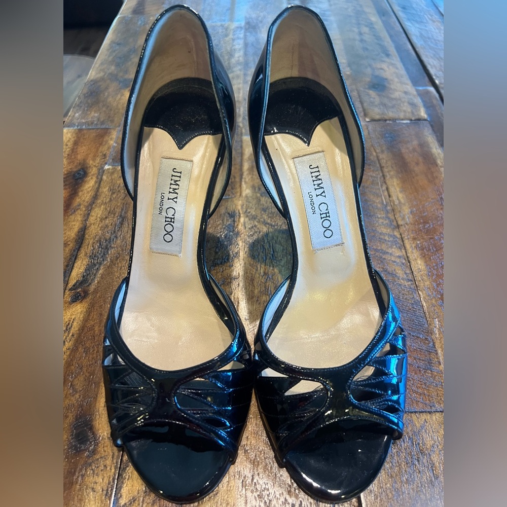 Jimmy Choo Black Heels with Peep-Toe and Bow